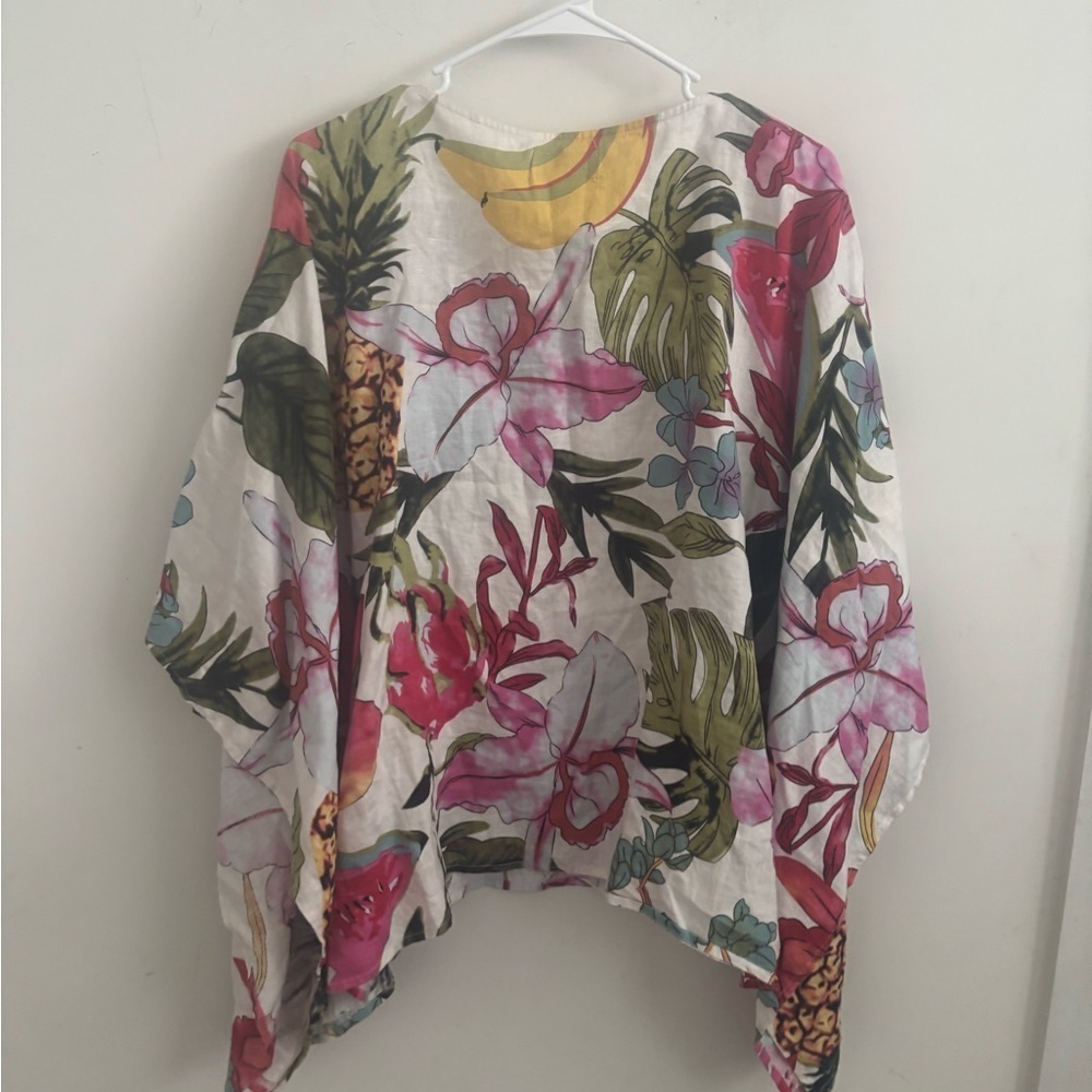 Tropical Blouse Women’s XL Linen Bloomcore Bat Sleeves Pineapple Palms Beaded - Picture 2 of 7